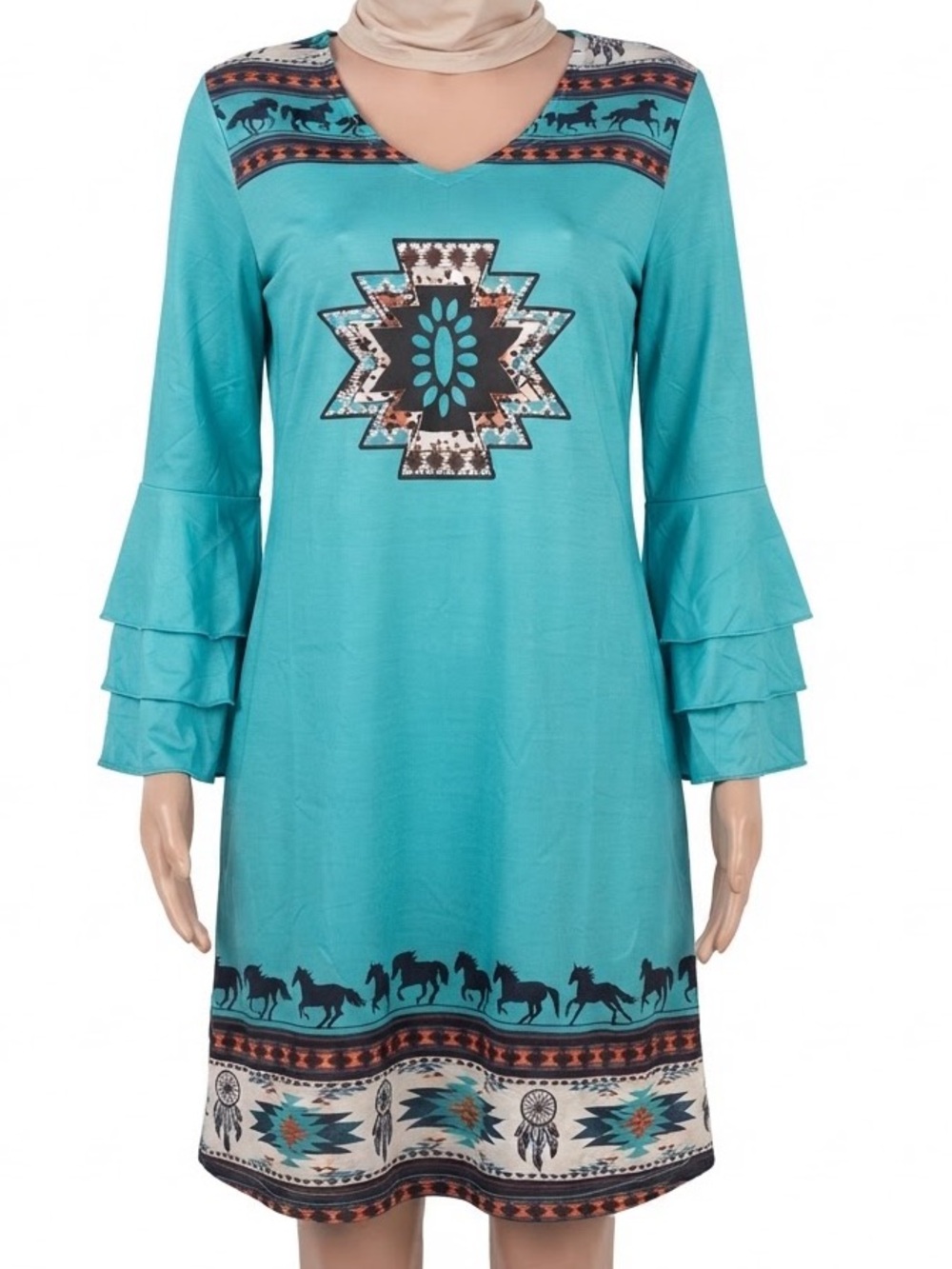 Turquoise Printed V-Neck Tiered-Sleeve Women's Printed Flare Sleeve Dresses